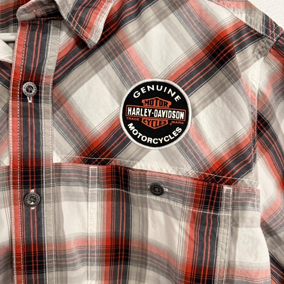 Harley-Davidson Mens Plaid Short Sleeve Button Up Shirt Orange Black White Large - Picture 3 of 10